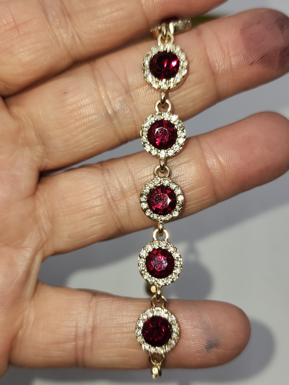 Vintage Adjustable Gold Bracelet with Red Crystal Accents